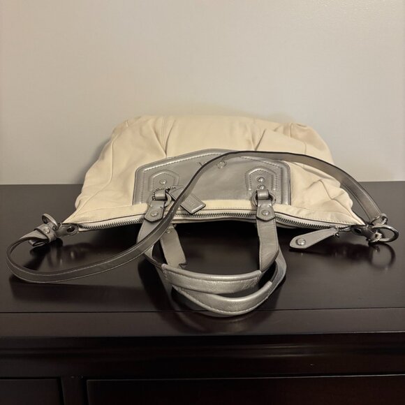 Original Coach Ashley Leather Satchel White Silver Purse  Coach Ashley Ivory Cream Silver Leather 2-Way Satchel Shoulder Bag